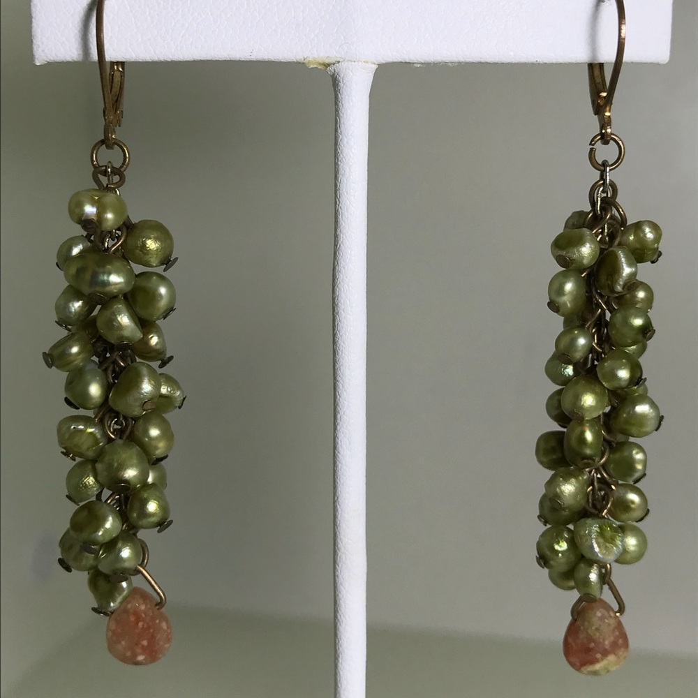 Green Seed Pearl with Faceted Stone Drop Earrings